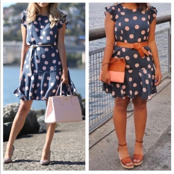 NWT Loft Polka Dot Flounce Dress Petrol Grey Pink - Picture 3 of 8